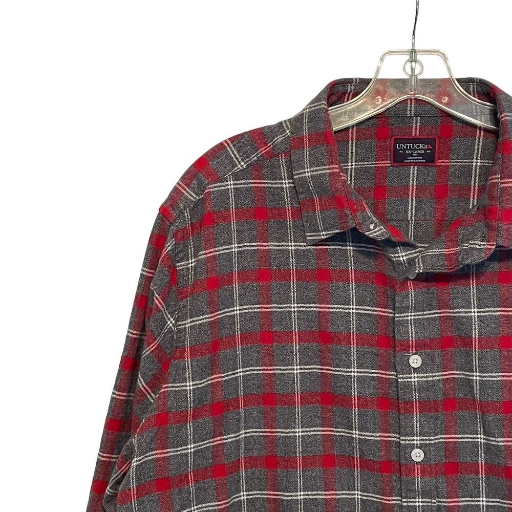 Untuckit Plaid Flannel Button Shirt Mens Size XXL Gray Red Cotton Long Sleeve - Picture 3 of 8
